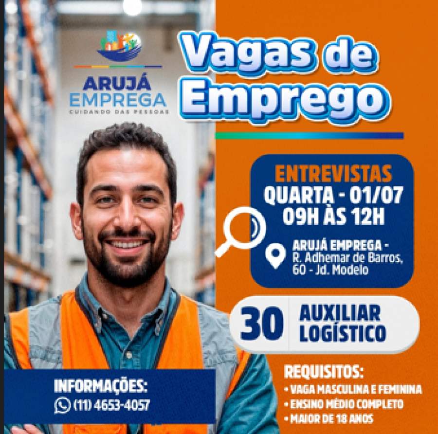 Nesta quarta (1/7), Arujá promove processo seletivo para o cargo de Auxiliar Logístico