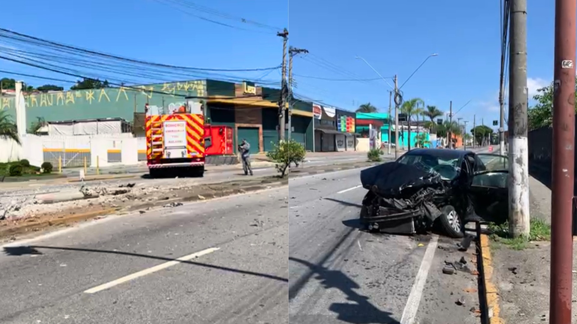 Caminhão dos bombeiros bate em carro e derruba poste em Mogi das Cruzes