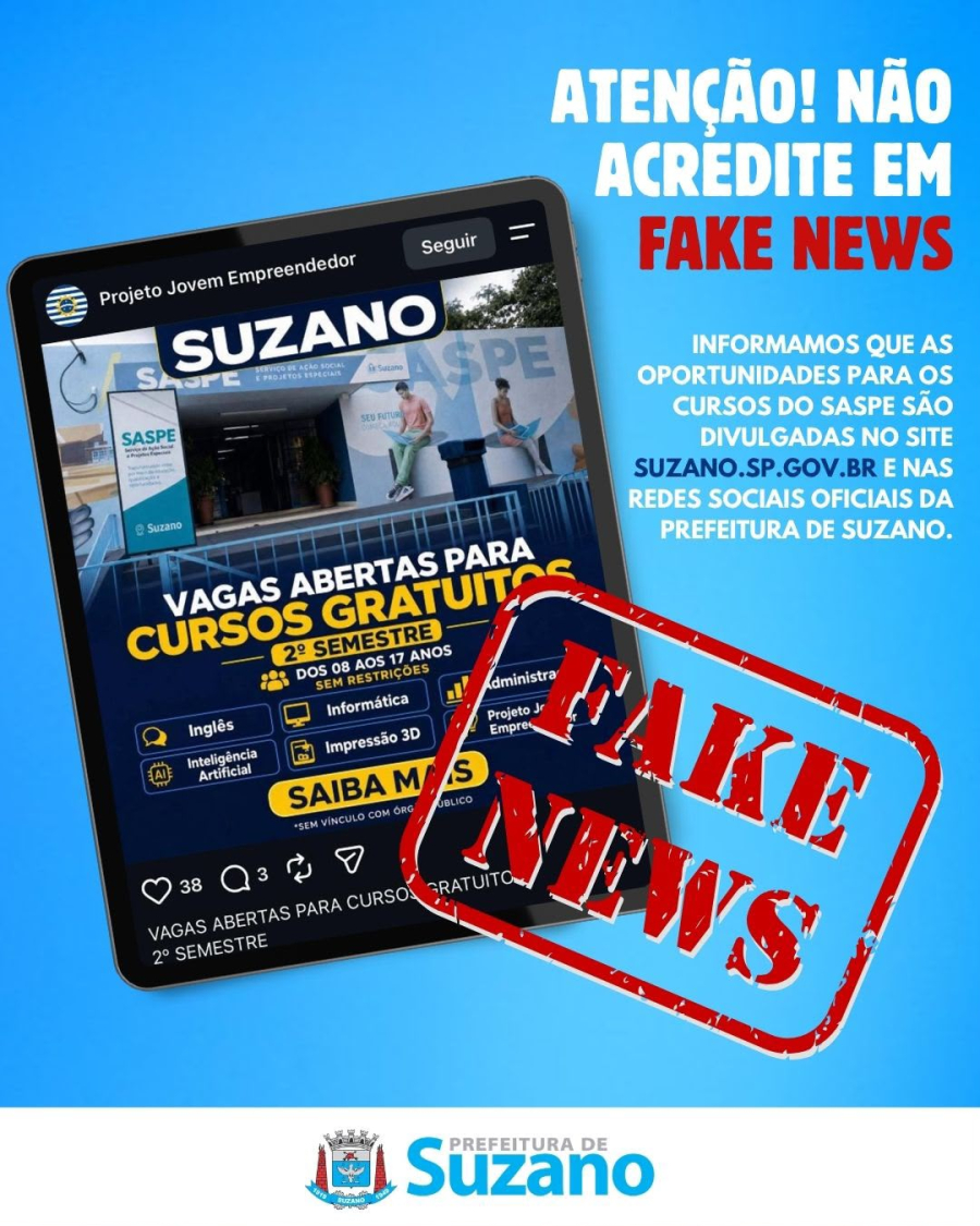 Prefeitura alerta população sobre divulgações falsas de cursos em Suzano